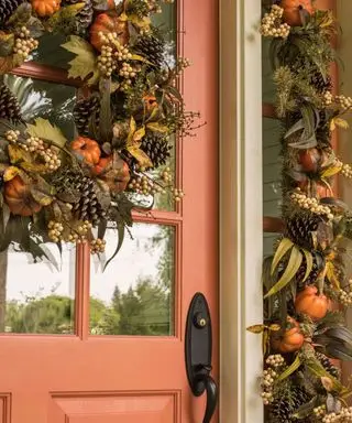 guirlanda de outono e guirlanda na porta rosa