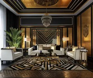 Salon w stylu Art Deco z geometryczną tapetą i dywanikiem w kolorze czarno-złotym