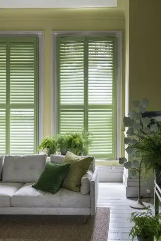 venezianas verdes na sala com sofá cinza e plantas