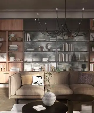 Salón moderno con estantería y sofá marrón.