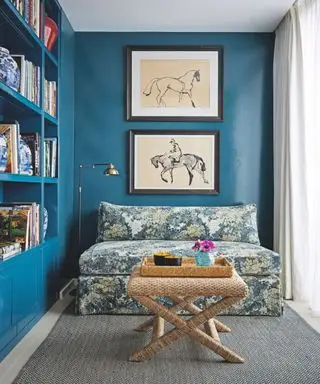 blåmalet stue med blomstret sofa og reol