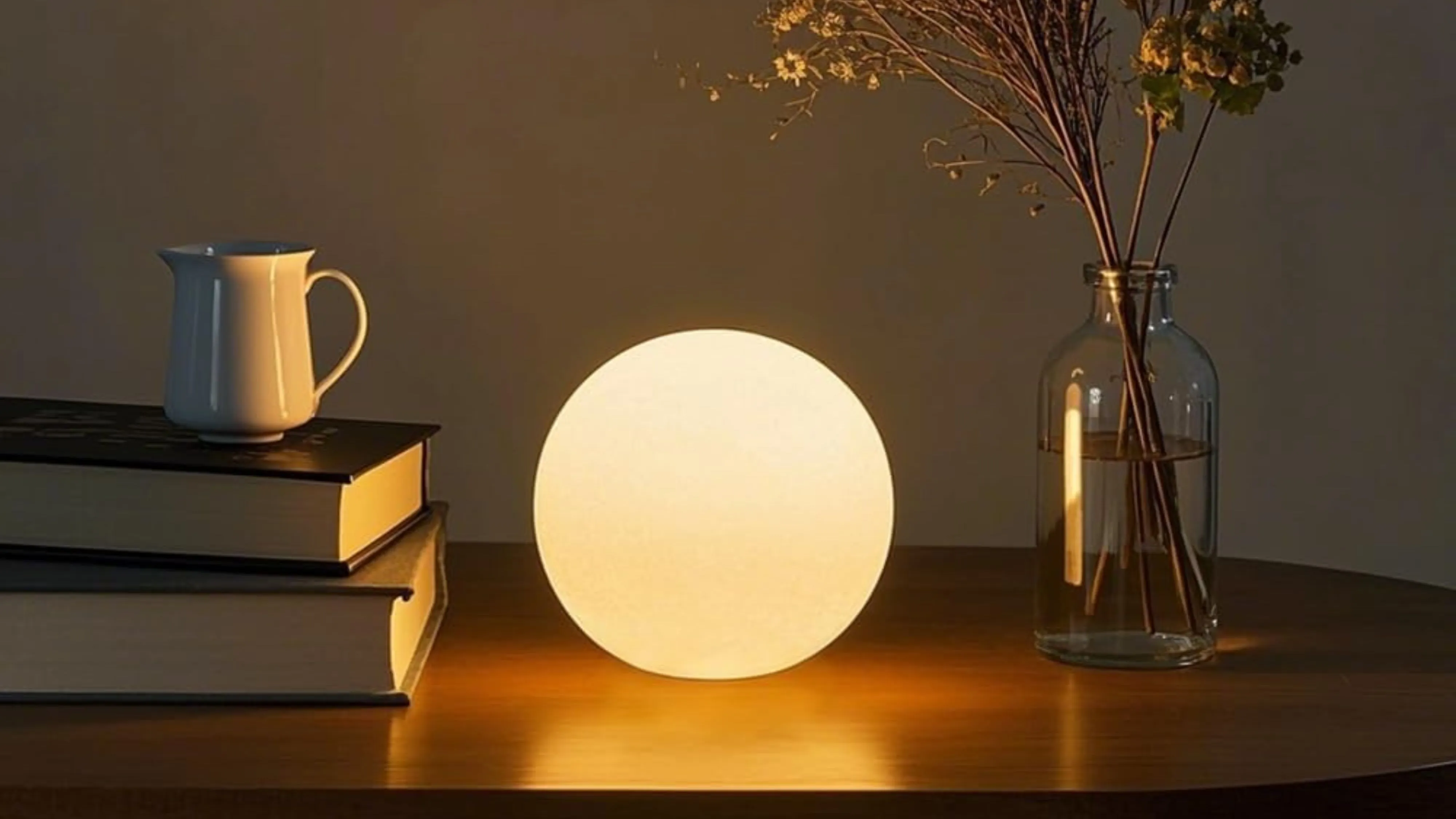 Orb lampa sedí na dřevěném stole vedle čiré vázy a hromadu knih' loading='lazy' title=