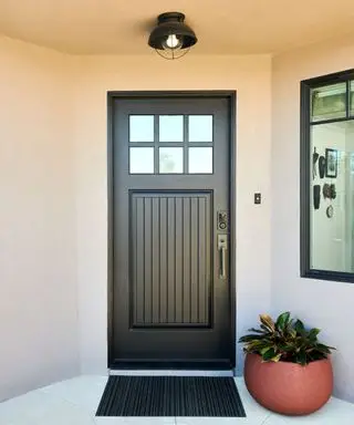 puerta de entrada negra con pequeñas ventanas de vidrio y una luz cenital