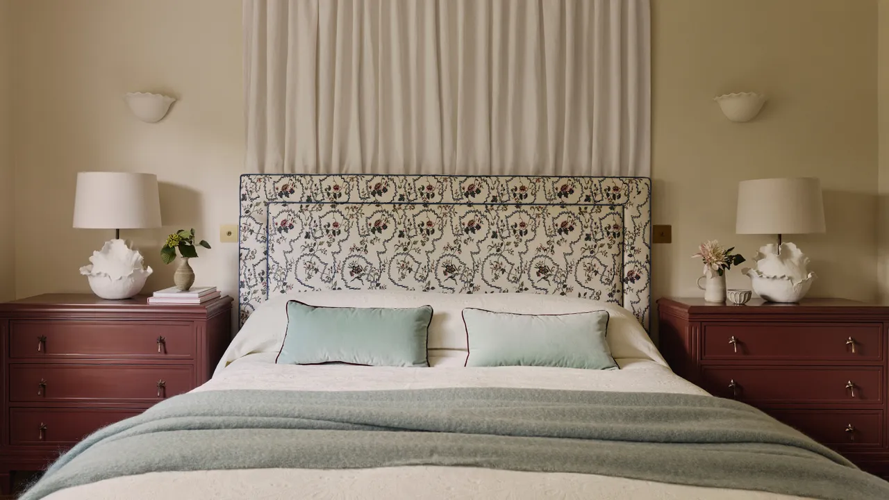 en seng med en blomstret hodegjerde to kommoder på hver side med lamper på toppen grønne puter og et gardin bak sengen' loading='lazy' title=
