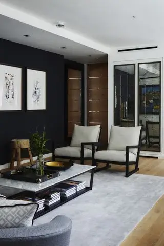 Sala de estar contemporânea em preto e branco com piso de madeira e tapete cinza