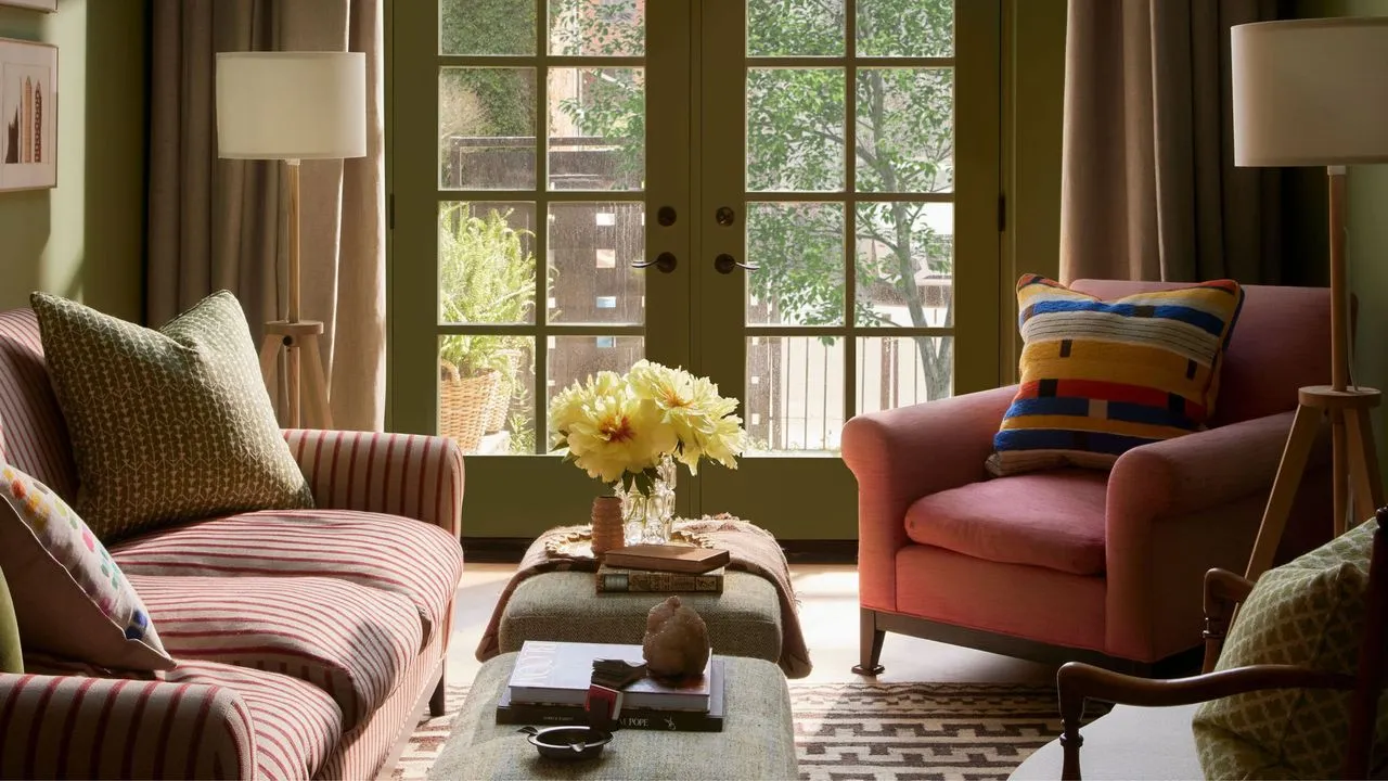 Útulný obývací prostor se zelenými stěnami, pruhovanou pohovkou, růžovým křeslem a velkými prosklenými dveřmi vedoucími na terasu' loading='lazy' title=