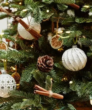 Un gros plan de décorations de Noël à paillettes blanches, de pommes de pin et de tranches de fruits secs et de bâtons de cannelle sur un arbre de Noël.