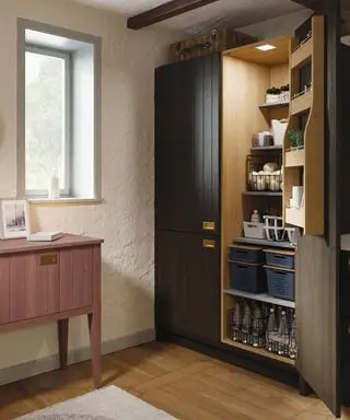 Ideas de despensa en negro con puertas acanaladas.