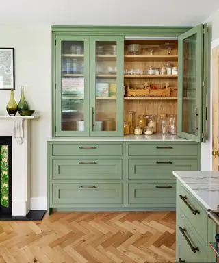 Despensa verde claro con ventana de cristal y exterior de madera.