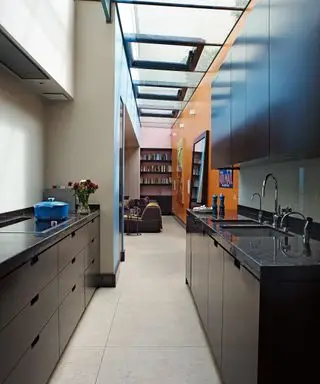 Ein Beispiel für kleine Küchenideen, das eine Pantryküche mit schwarzen Schränken, einer orangefarbenen Wand und einem Glasdach zeigt