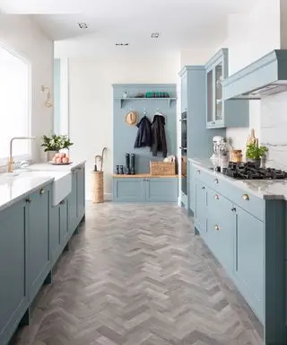 Cocina de galera con gabinetes azules
