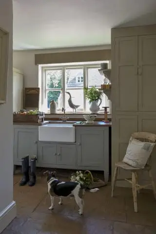 En liten hund i et vaskerom med gummistøvler og en kurv med blomster.