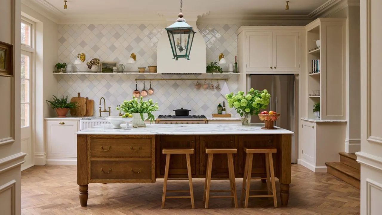 Teplá neutrálna kuchyňa s krémovými skrinkami, drevenými ostrovčekovými mramorovými doskami a dláždeným zadným panelom' loading='lazy' title=