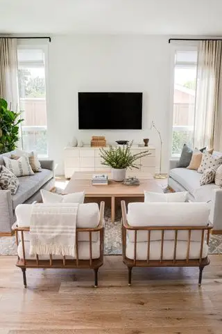 salón blanco con sofás grises y dos sillones, televisor encima de la consola y mesa de centro de madera cuadrada