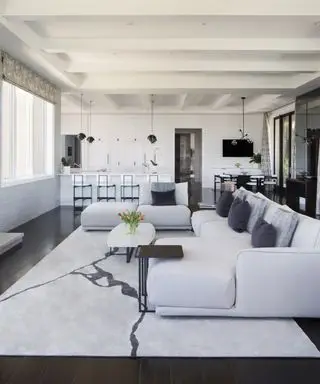 Idee feng shui per il soggiorno - Una camera familiare bianca in uno spazio soggiorno e cucina a pianta aperta