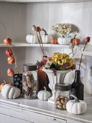Herbstblumen und Kürbisse auf Regalen