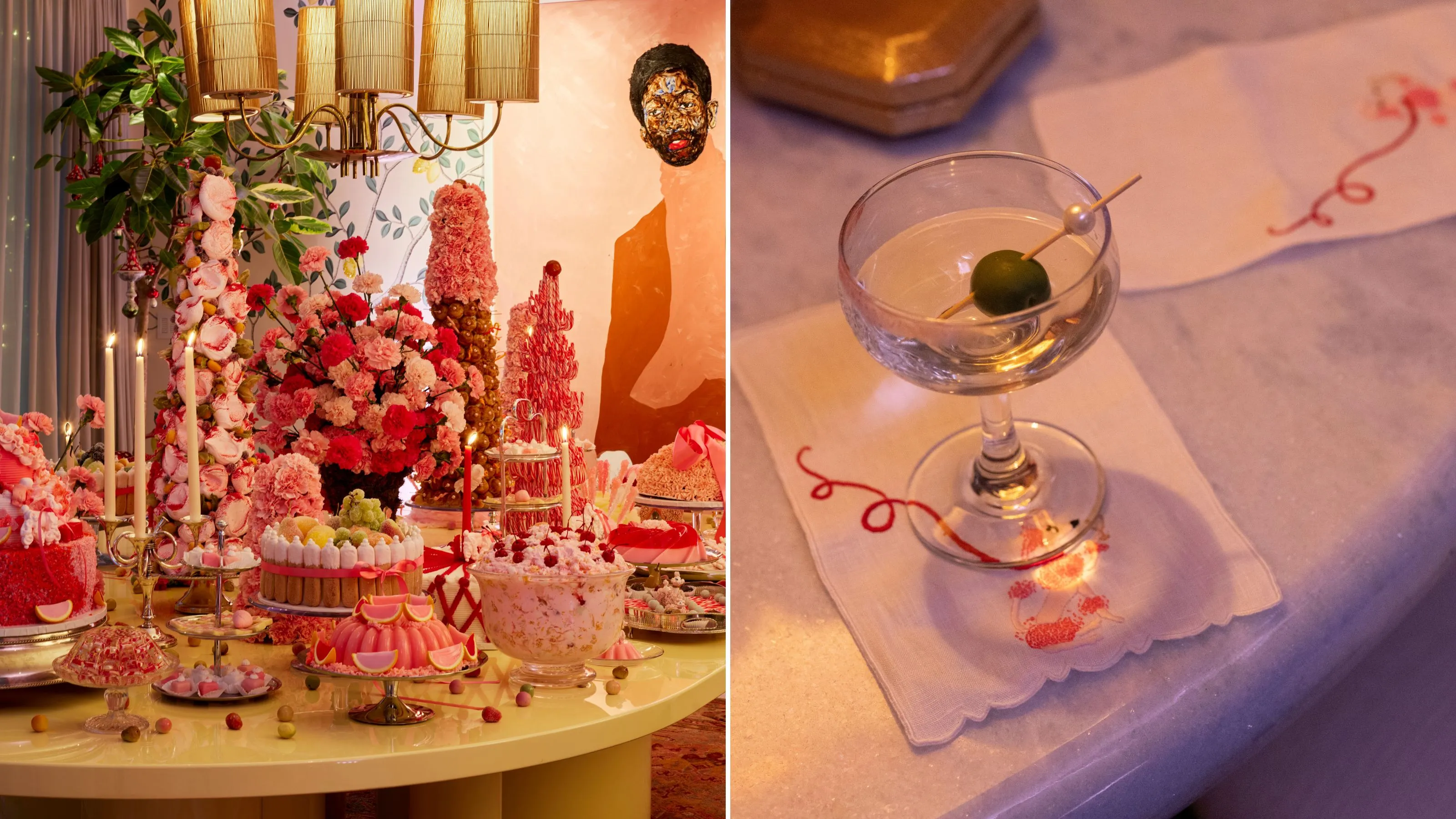 Mesa repleta de sobremesas rosa e um coquetel com uma azeitona em um guardanapo' loading='lazy' title=