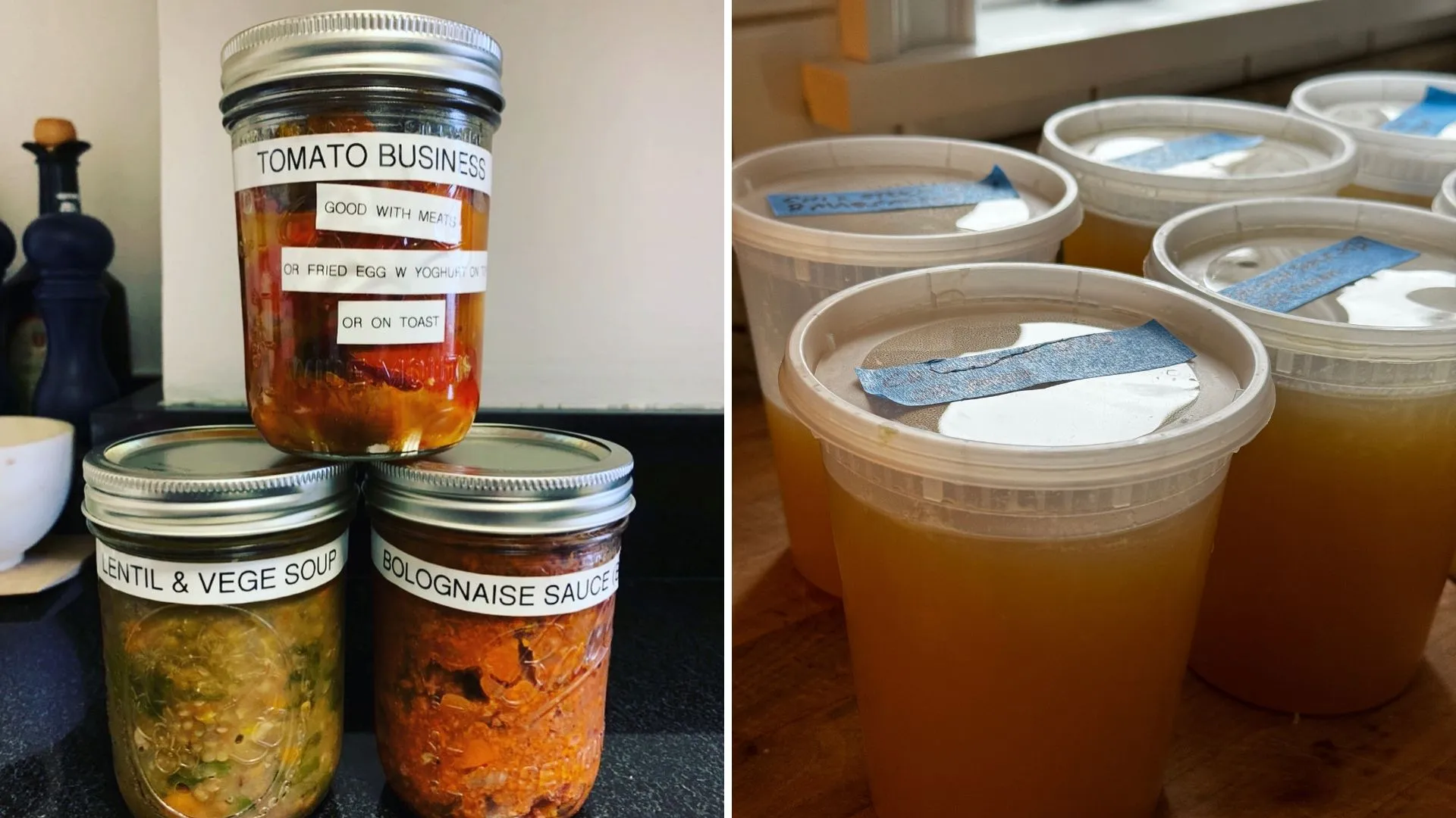 Frascos de molhos e sopas (à esquerda) e recipientes com caldo de galinha (à direita)' loading='lazy' title=