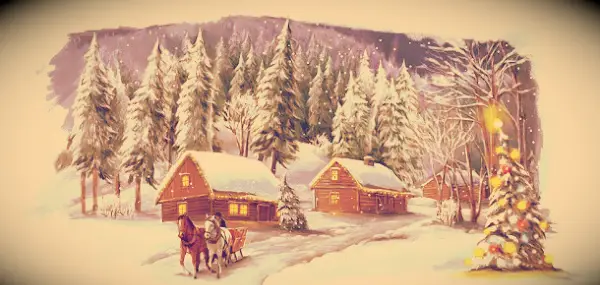 A painted Christmas scene with small houses, a decorated tree and a sleigh drawn by horses.