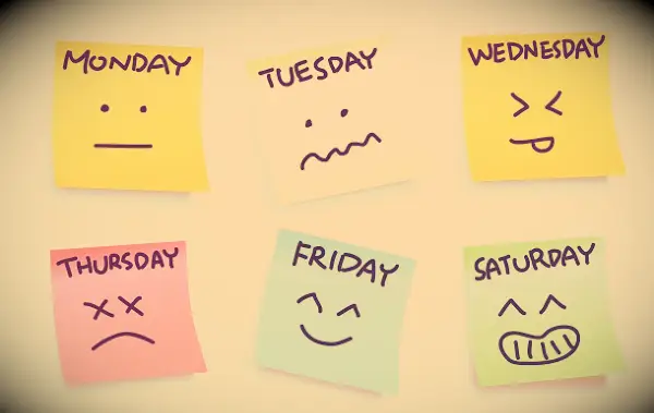 Funny faces on post-its. One for each day of the week (except Sunday), describing the mood for that day.
