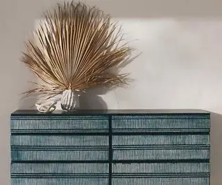 Anthropologie kommode med en plante på toppen, mod en hvid baggrund.