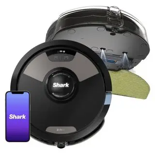白い背景にセルフクリーニングベースを備えた Shark AI ウルトラ 2-in-1 ロボット掃除機とモップ
