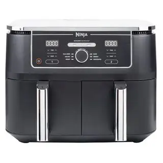 Vzduchová fritéza Ninja Foodi 6-v-1 XL s 2 košmi na bielom pozadí.