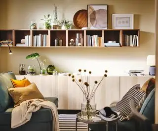 Salon avec plaids et bibelots sur une étagère.