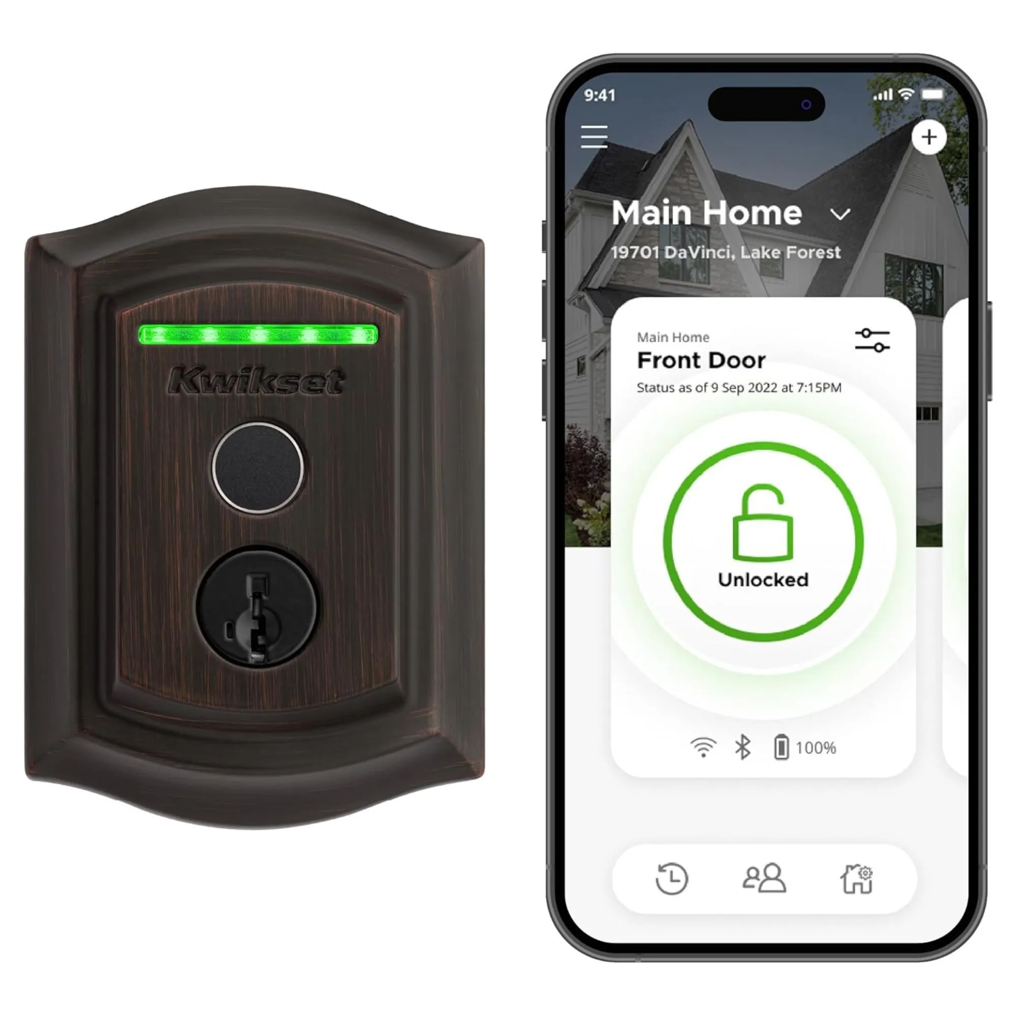 Chytrý zámek Kwikset Halo Touch a smartphone zobrazující obrazovku aplikace Kwikset proti bílému pozadí.' loading='lazy' title=