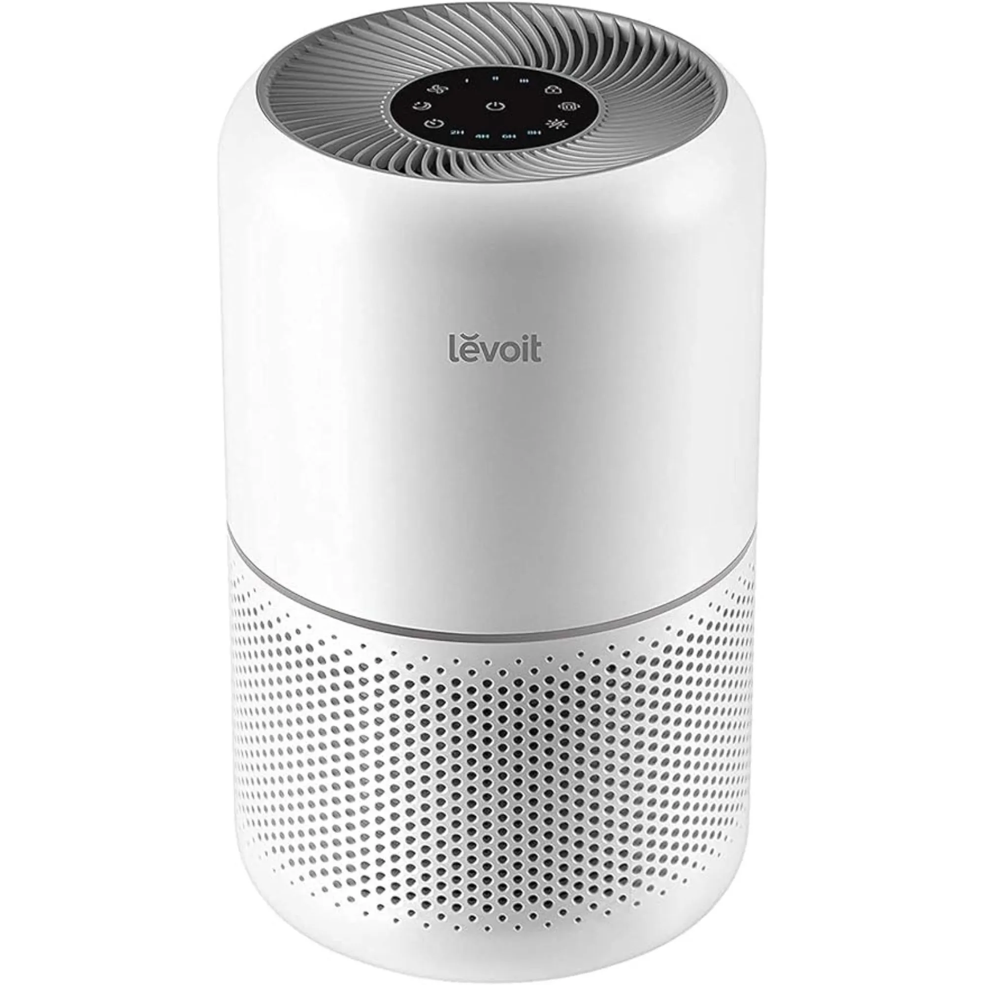 Un purificateur d'air cylindrique blanc avec un ventilateur intégré dans le haut' loading='lazy' title=