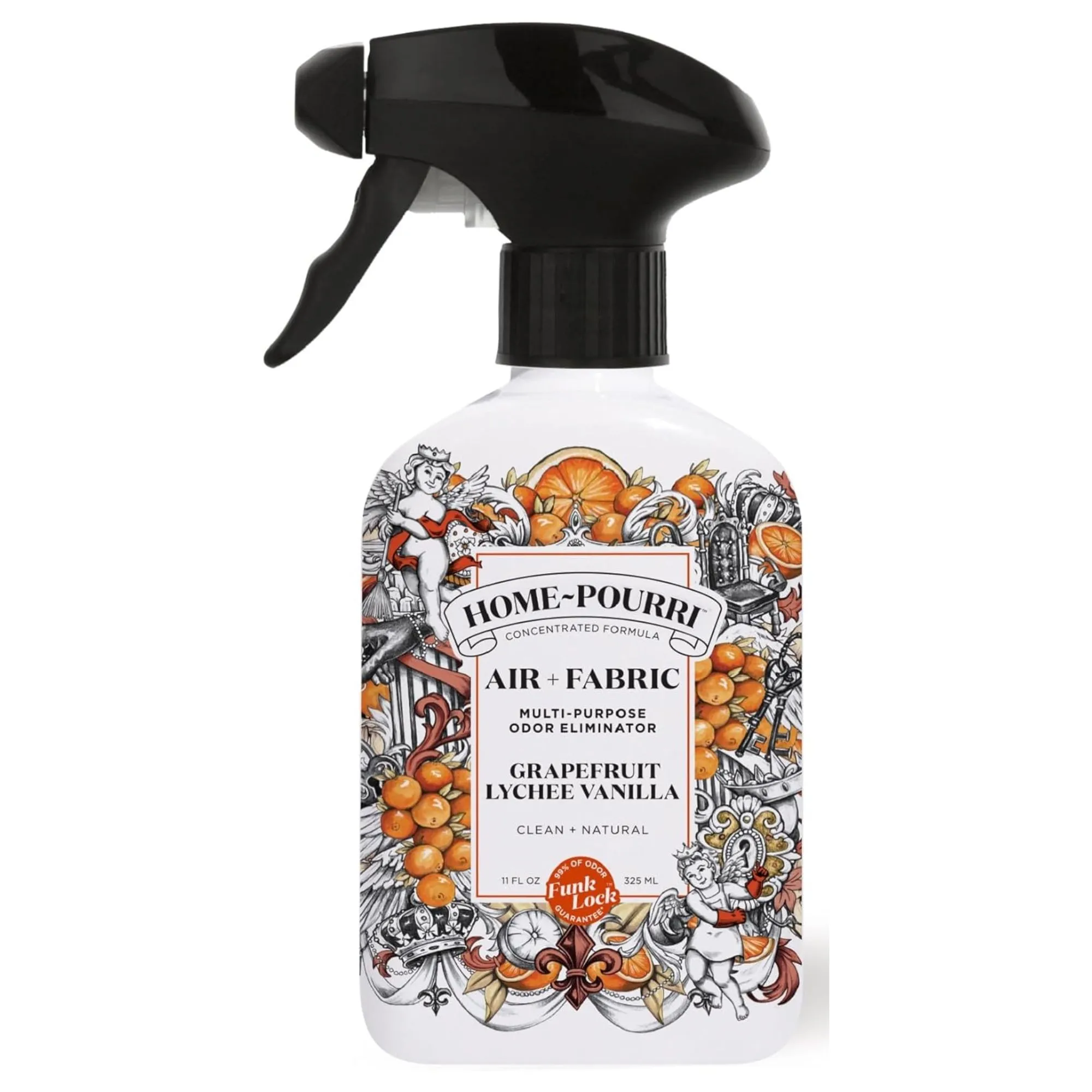 Eine weiße Sprühflasche mit Geruchsentferner mit orange-schwarzem Etikett.' loading='lazy' title=