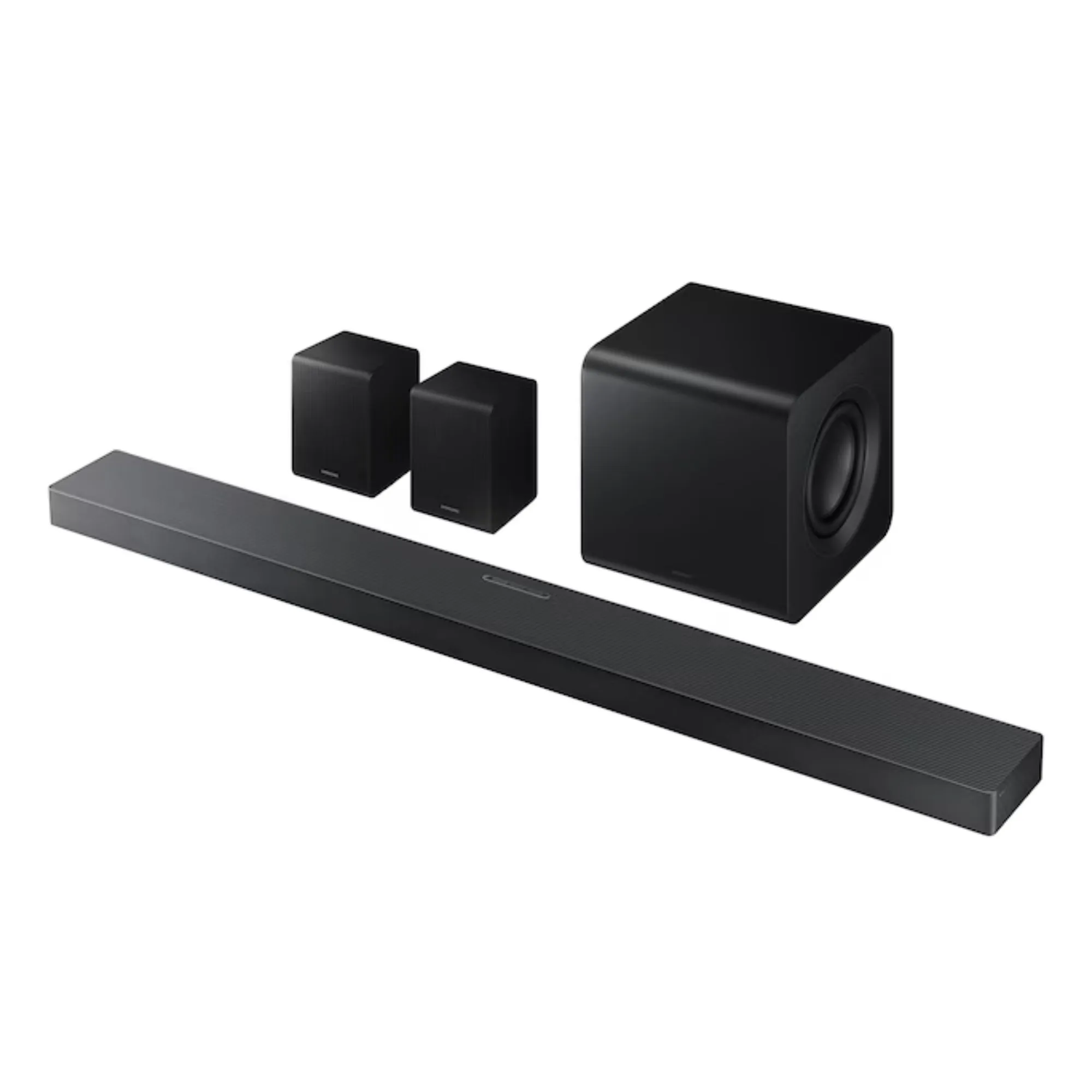 Woofer della soundbar Samsung HW-QS750F e due altoparlanti surround su sfondo bianco.' loading='lazy' title=