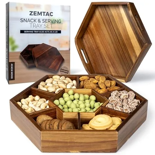 Vassoio snack con coperchio che funge anche da vassoio da portata - Vassoio decorativo in legno di acacia 13x11 con 7 scomparti per frutta secca e frutta secca. Tavolino esagonale Nuts o vassoio ottomano con maniglie per soggiorno' loading='lazy' title=