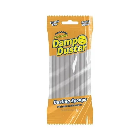 Szary Scrub Daddy z prążkowanym Damp Duster w przezroczystym i pomarańczowym plastikowym opakowaniu z logo Scrub Daddy. Na białym tle' loading='lazy' title=