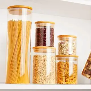 Confezione da 7 barattoli in vetro per alimenti con coperchi in bambù