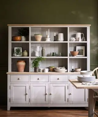 Una credenza in piedi con armadi chiusi nella parte inferiore e scaffali aperti nella parte superiore