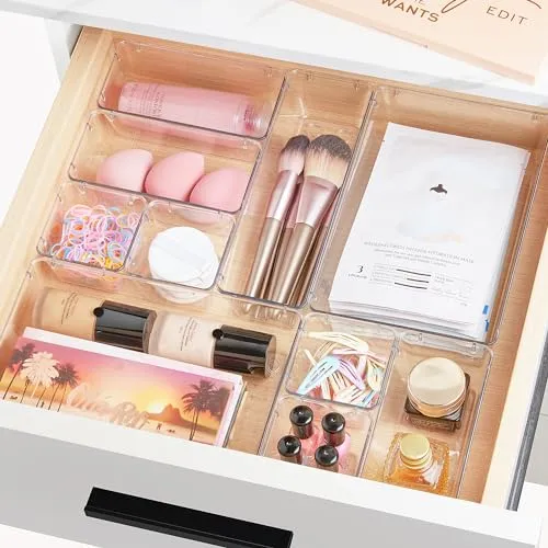 VTOPMART 25 PC-er klare plastskuffarrangører Sett 4-størrelse allsidig bad og forfengelighet Skuffarrangør Sveller Lagringsapper for sminke Soverom Kjøkken Gadgets Ledskap og kontor' loading='lazy' title=