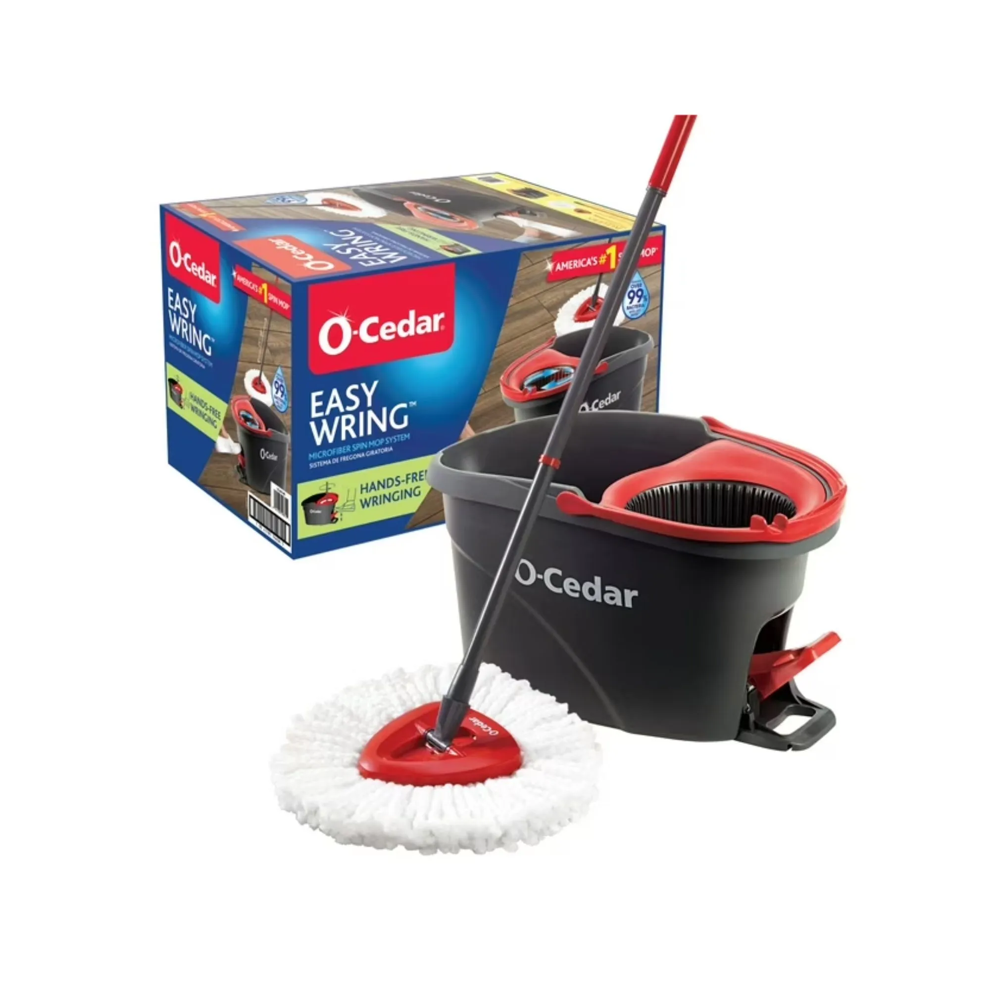 Un mocio O-Cedar con testa bianca e manico grigio accanto a un secchio nero e rosso con la sua scatola di imballaggio dietro di esso' loading='lazy' title=