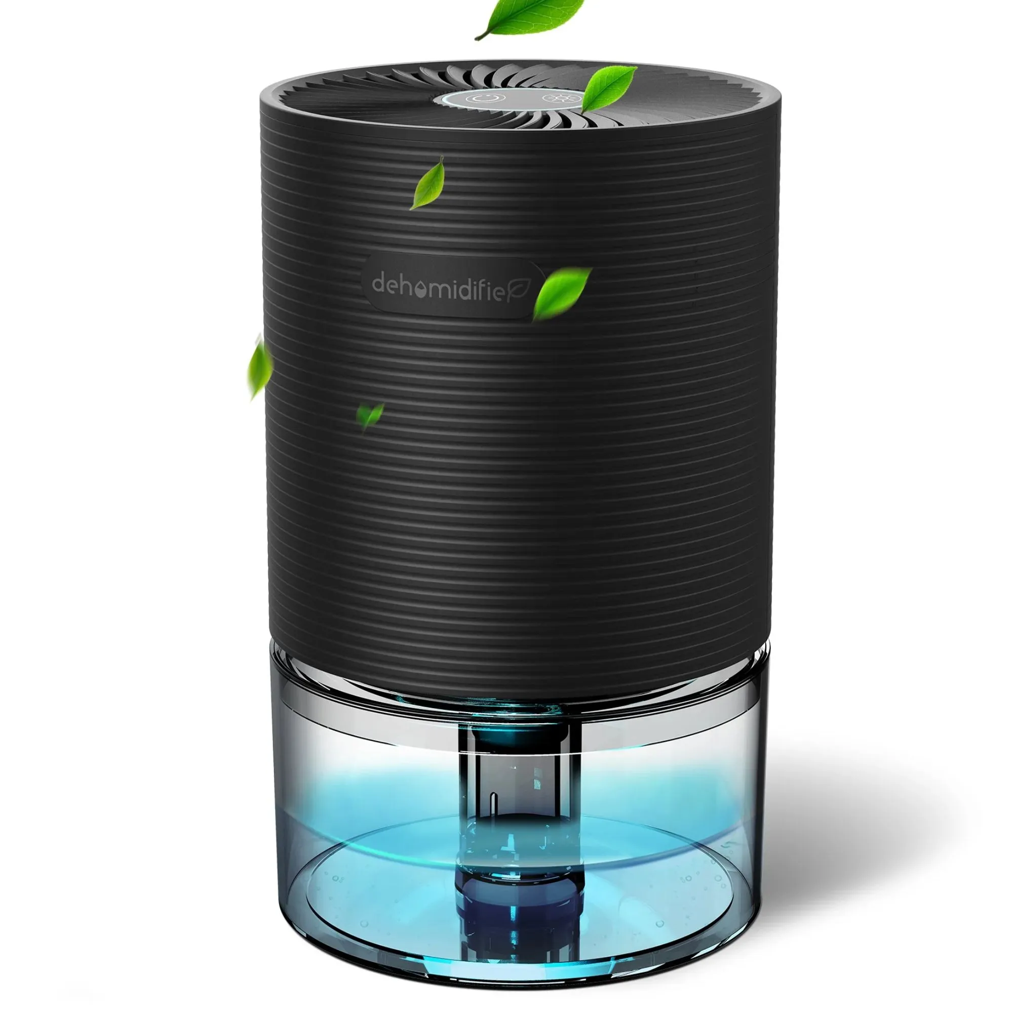 Čierny valcový odvlhčovač s modrou nádržkou na vodu' loading='lazy' title=