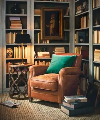 Gemütliche Ecke mit Ledersessel und Bücherregal