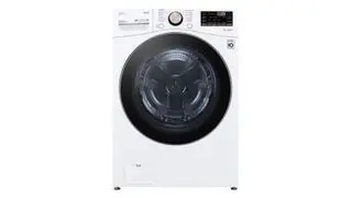 Una lavadora LG blanca sobre un fondo blanco.