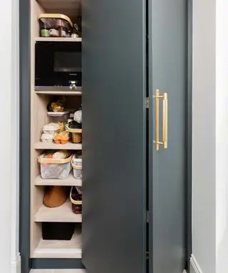 dois-je utiliser des poignées ou des boutons sur les armoires de cuisine, la porte pliante du garde-manger gris avec poignée en laiton brillant