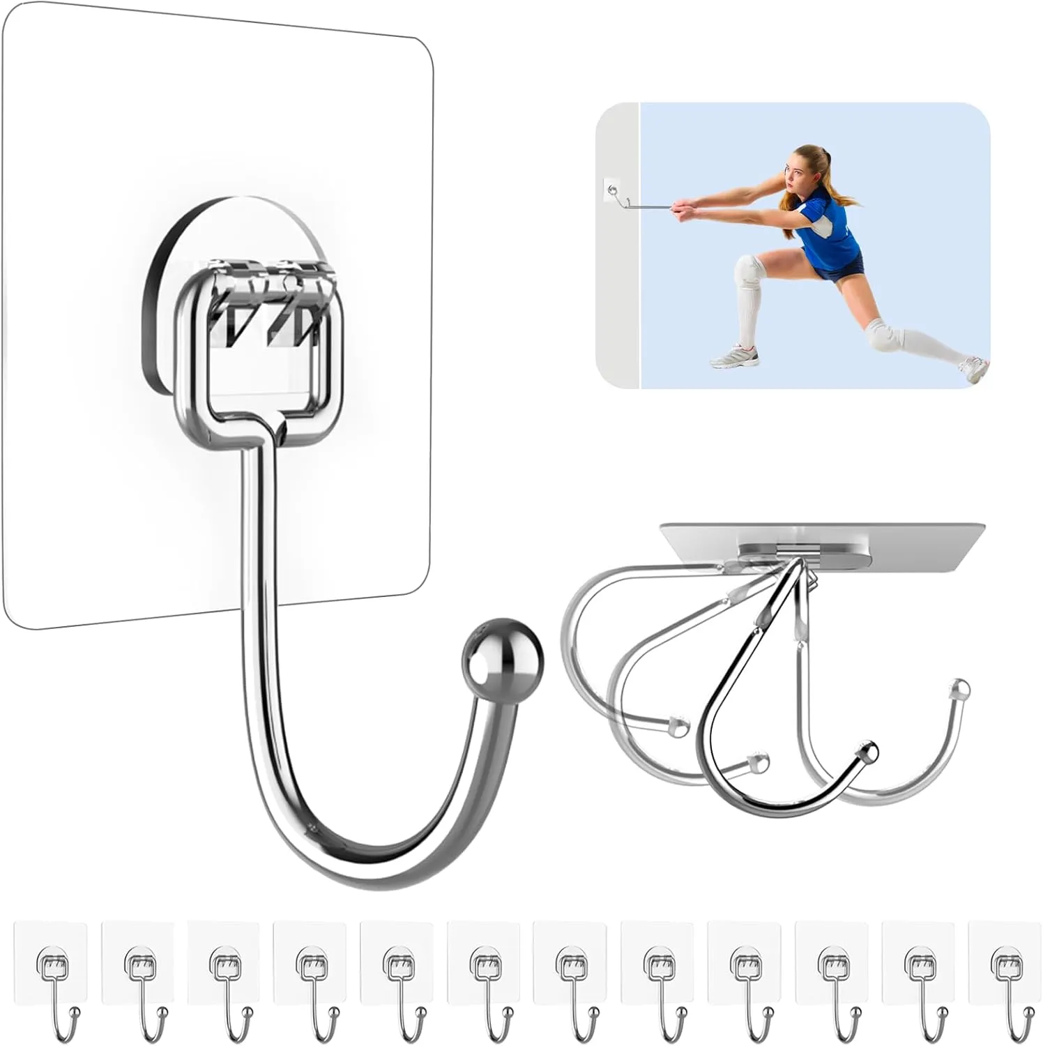 Strjobaili Paquete de 12 ganchos adhesivos grandes para colgar 44 libras (máximo) Ganchos adhesivos autoadhesivos resistentes Gancho de pared de acero inoxidable impermeable para el hogar, baño, ducha, cocina, ganchos para uso general al aire libre' loading='lazy' title=