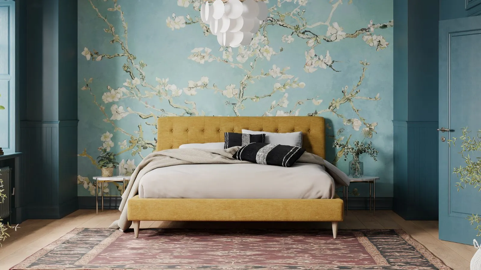 Fond d'écran bleu pâle avec des fleurs blanches dans une couleur de couleur bleue avec une chambre trempée avec des planchers en bois tapis rouge pale profil bas jaune lit moderne avec une tête de lit arrière' loading='lazy' title=