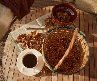 soppkaffe på et bord med sopp rundt