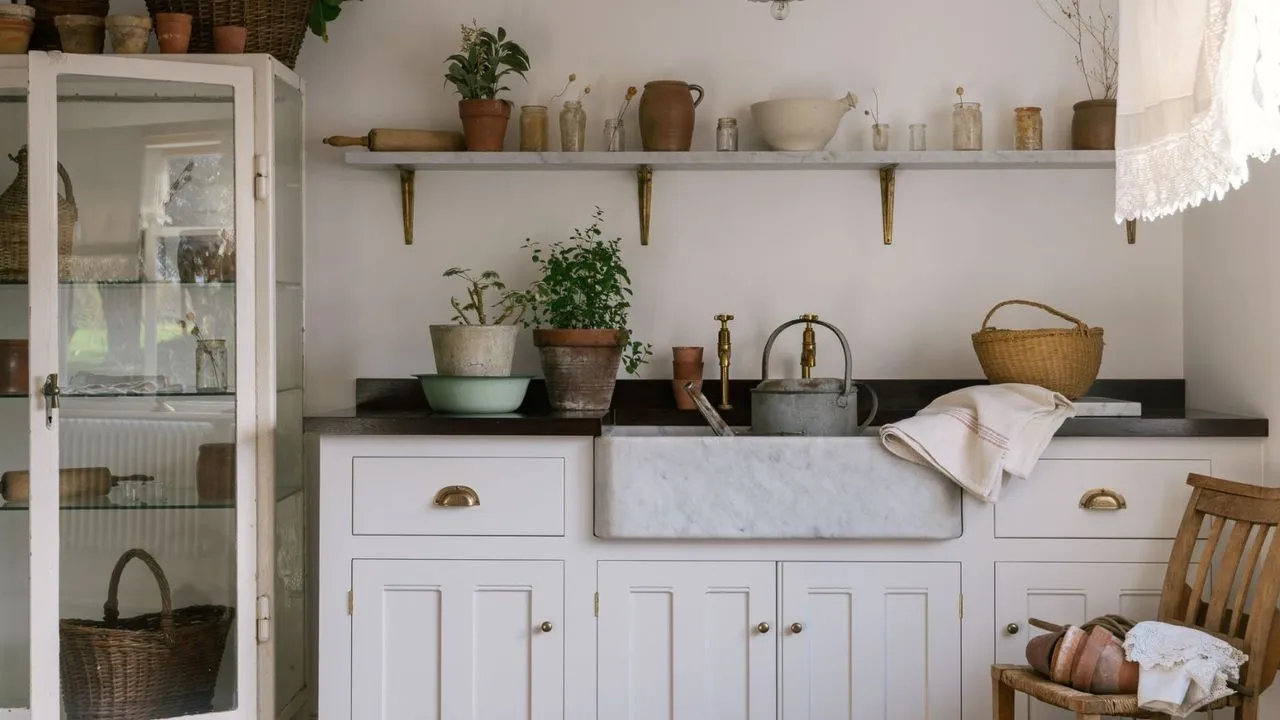 אזור כיור שימושי בבית בסגנון קוטג' עם מדפים פתוחים וארון זכוכית עצמאי' loading='lazy' title=