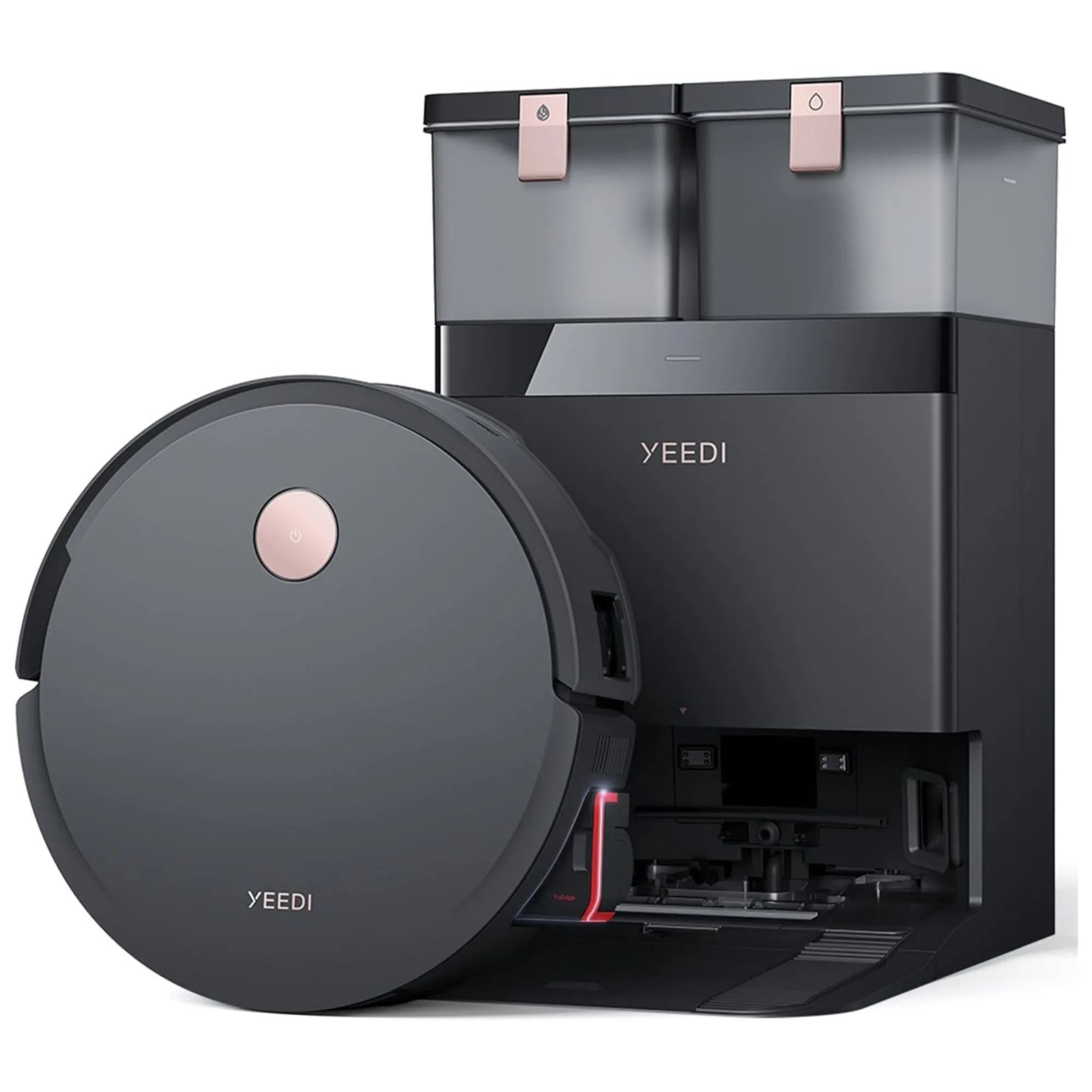 Yeedi S1​​4 Plus ロボット掃除機と白い背景のクリーニング ステーション。' loading='lazy' title=