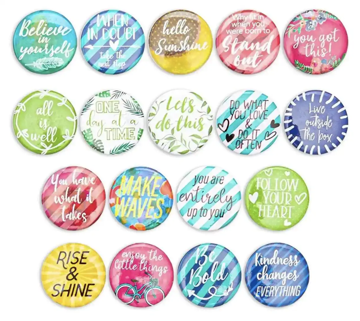 small, round magnets with inspiration quotes for school lockers